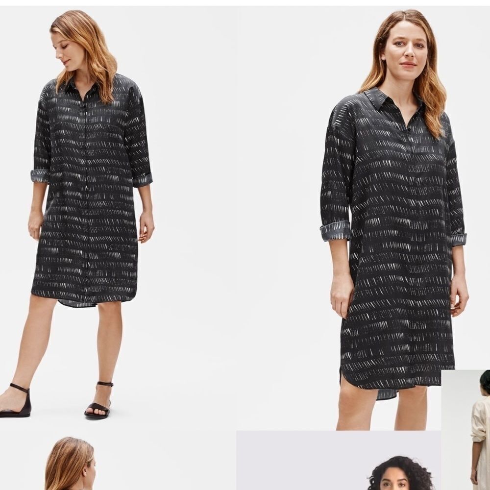 Eileen Fisher Silk Organic Cotton Dash Shirtdress Sz S Black White
